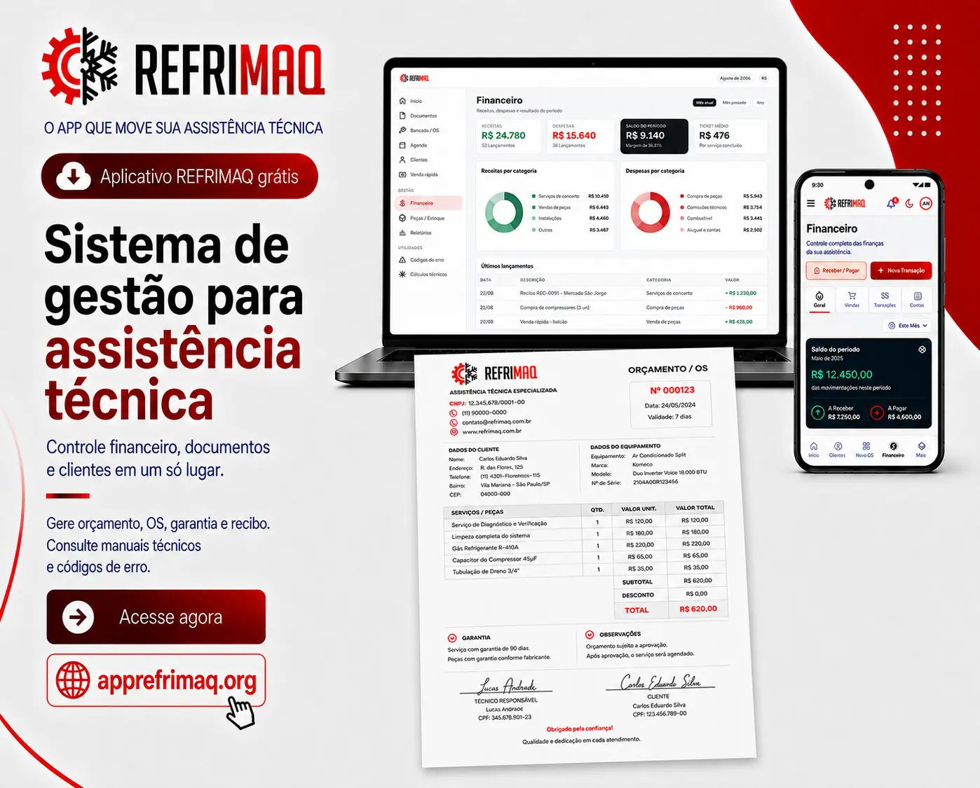 Sistema de gestão Refrimaq: painel financeiro no notebook, aplicativo no celular e documento de orçamento/OS