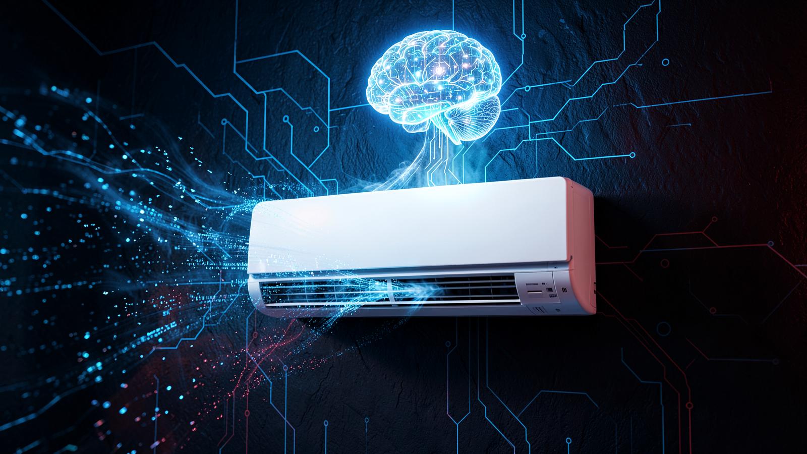 Ar-condicionado split conectado a um cérebro digital e uma rede neural, representando inteligência artificial aplicada à climatização.