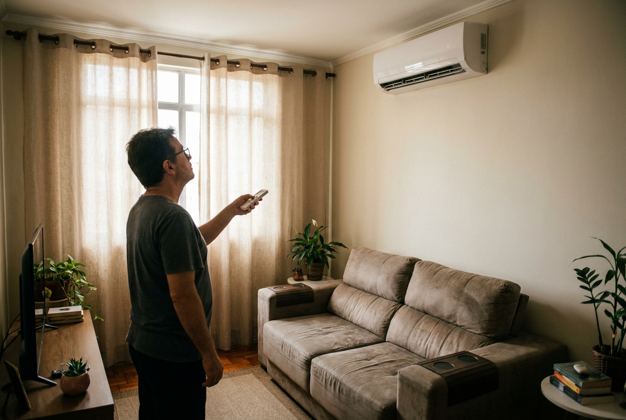 Pessoa ajusta o ar-condicionado pelo controle remoto em uma sala residencial.