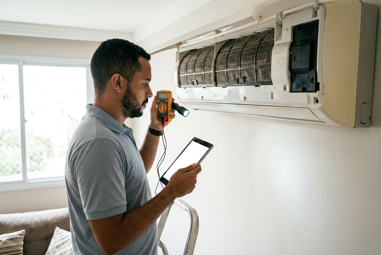 Técnico inspeciona filtros e componentes acessíveis de um split durante atendimento residencial.