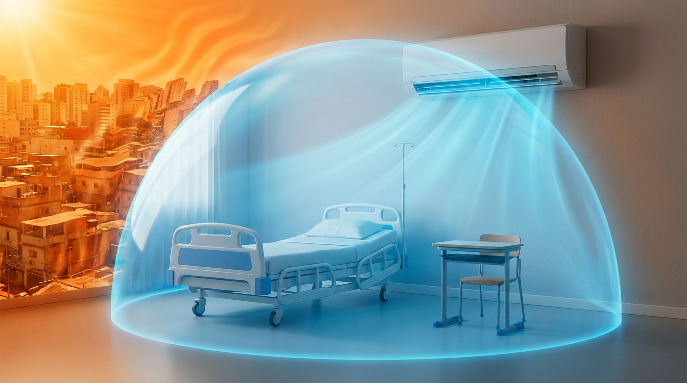Ar-condicionado forma um escudo visual de ar fresco sobre cama hospitalar e carteira escolar diante de ondas de calor.