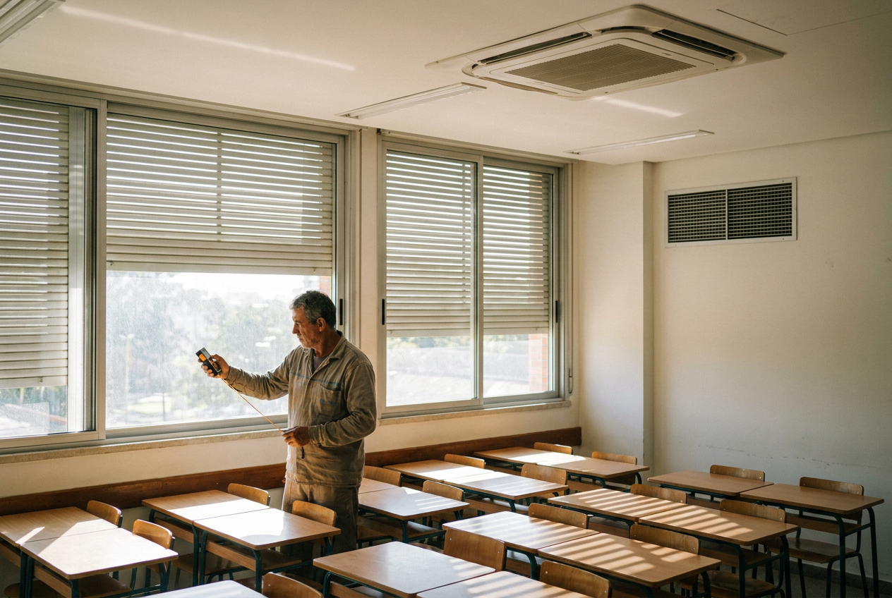 Profissional avalia dimensões, insolação e ventilação de uma sala de aula antes do dimensionamento da climatização.