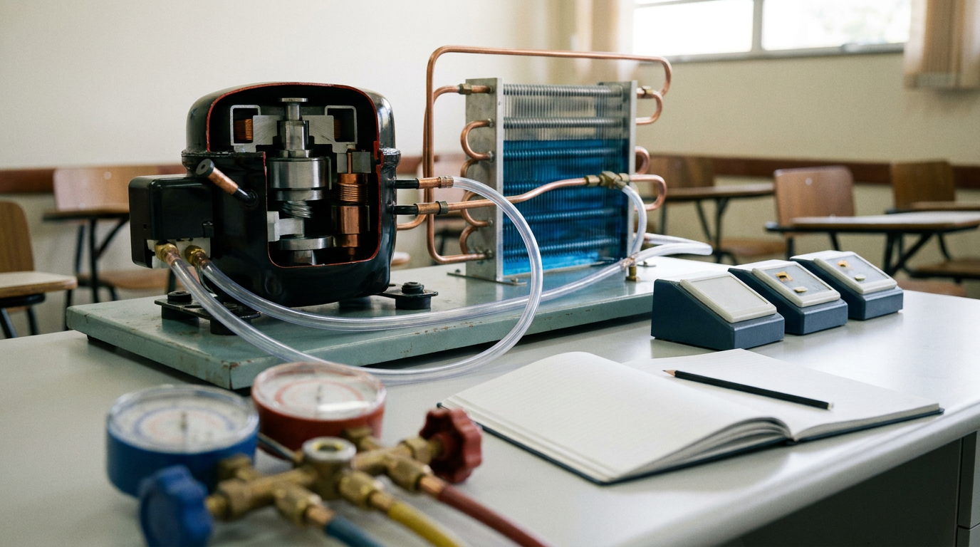 Compressor aberto para estudo, manifold e caderno em bancada didática de refrigeração.