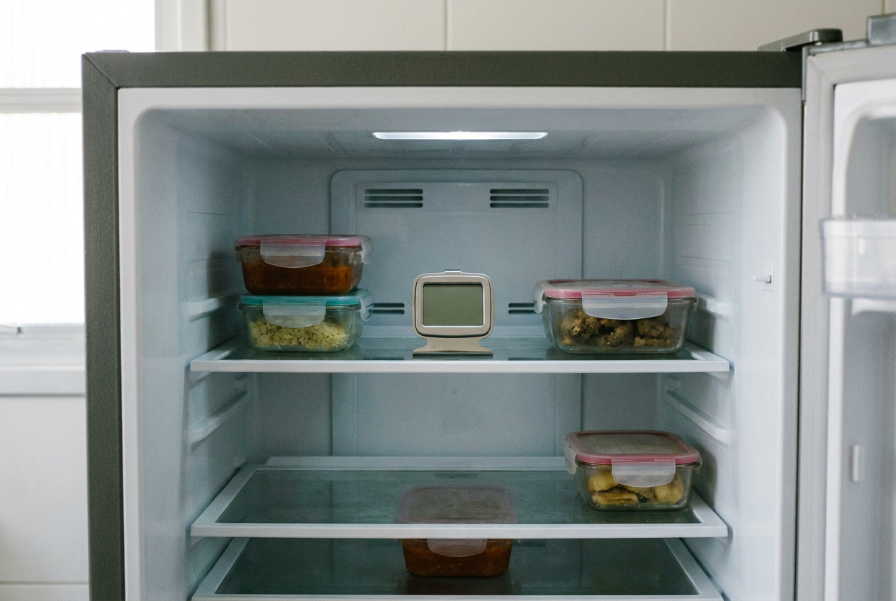 Termômetro para refrigerador apoiado na prateleira, afastado da parede interna e das saídas de ar.