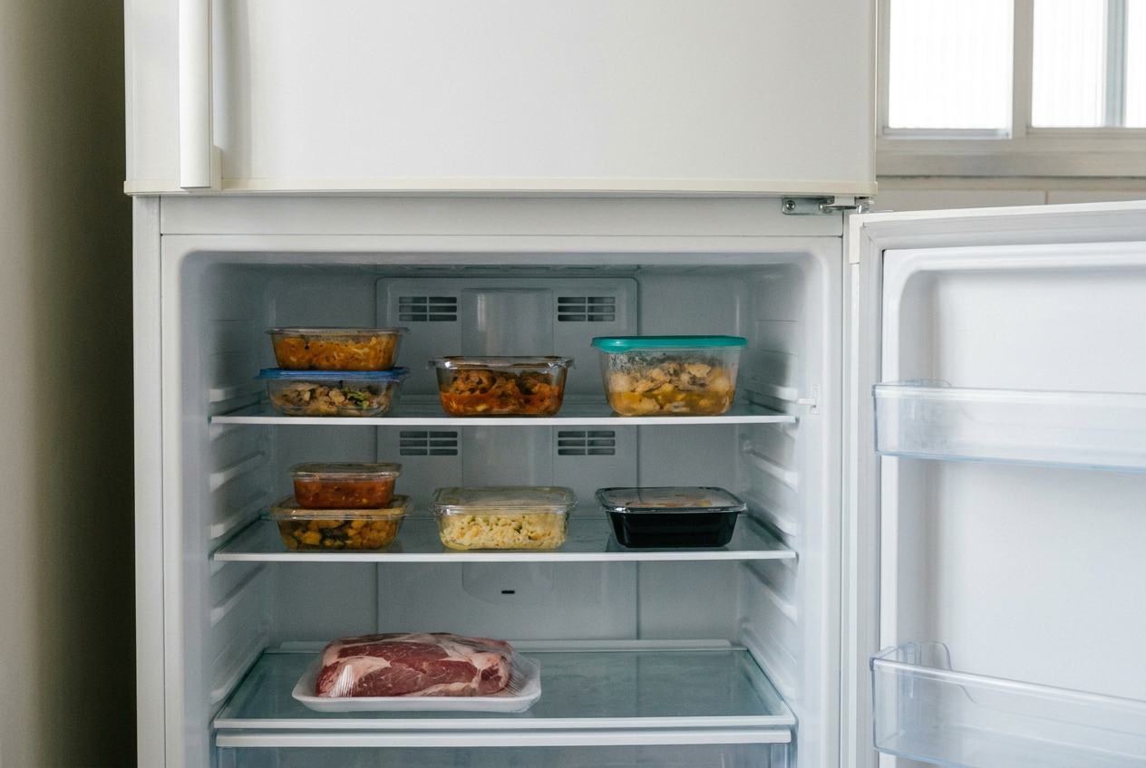 Interior organizado com recipientes fechados, produtos crus contidos na parte inferior e saídas de ar desobstruídas.