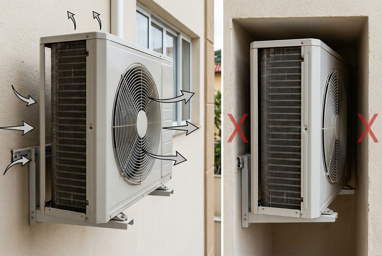 Comparação entre condensadora com espaço para ventilação e a mesma unidade confinada em um nicho.