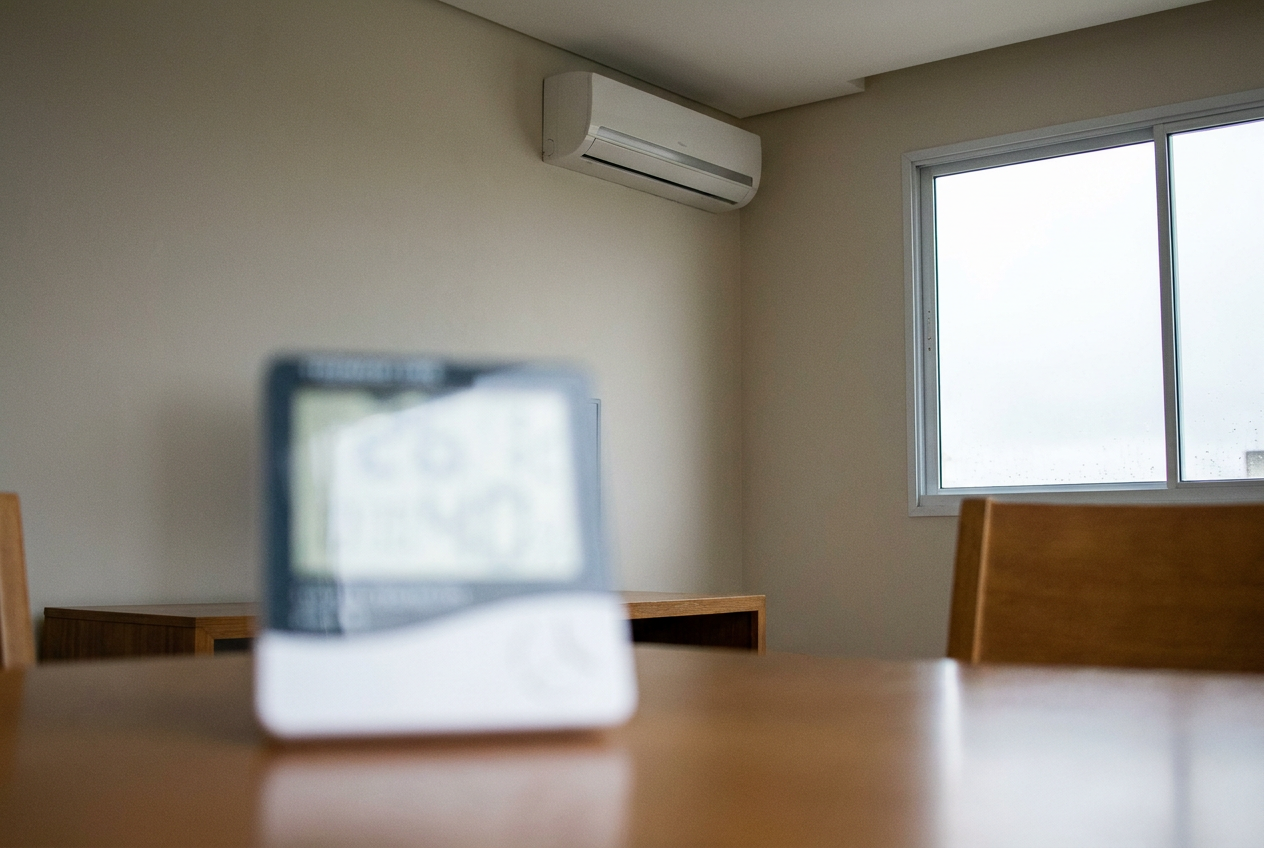 Termohigrômetro colocado sobre mesa, longe da saída de ar e da janela, para acompanhar o ambiente.