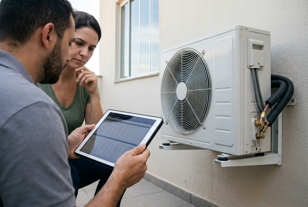 Consumidor e técnico conferem o relatório junto à condensadora instalada em área externa.