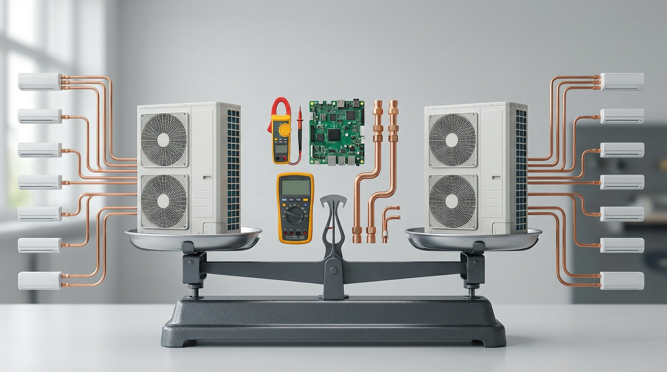 Balança com duas unidades externas, rede de tubos de cobre e instrumentos representa a comparação técnica entre VRV e VRF.